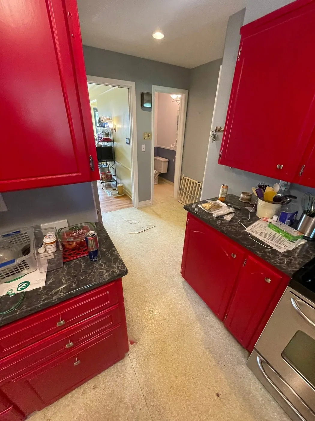 Kitchen with red cabinets and the old speckled floor before replacement
